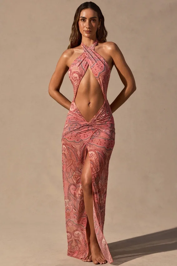 Vestito lungo con scollo all’americana e cut-out Caicos con stampa Paisley Vestito lungo con scollo all’americana e cut-out Caicos con stampa Paisley