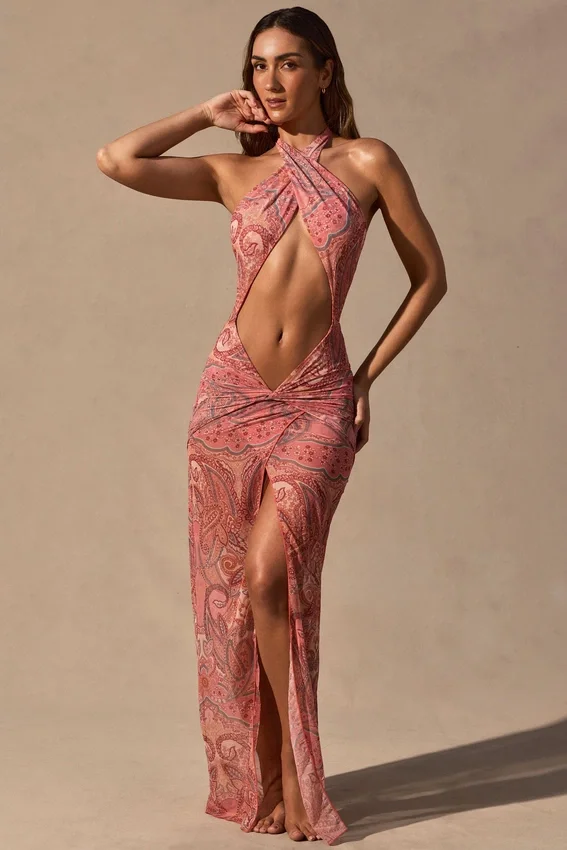 Vestito lungo con scollo all’americana e cut-out Caicos con stampa Paisley Vestito lungo con scollo all’americana e cut-out Caicos con stampa Paisley
