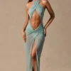 Vestito lungo con scollo all’americana e cut-out Caicos in verde acqua