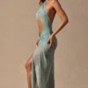 Vestito lungo con scollo all’americana e cut-out Caicos in verde acqua