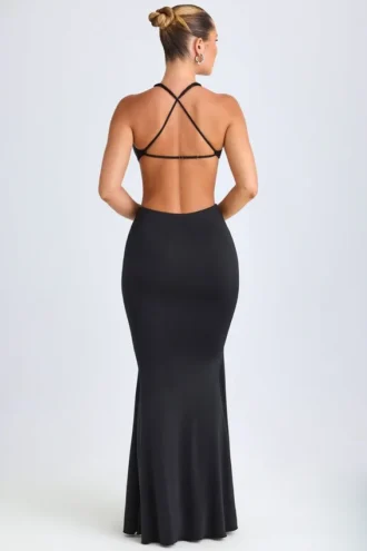 Vestito lungo con scollo all’americana e dettagli metallici Omarosa in nero Vestito lungo con scollo all’americana e dettagli metallici Omarosa in nero