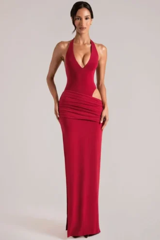Vestito lungo con scollo profondo all’americana Oona in rosso ciliegia