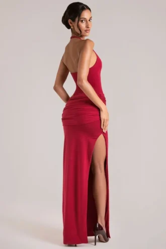 Vestito lungo con scollo profondo all’americana Oona in rosso ciliegia