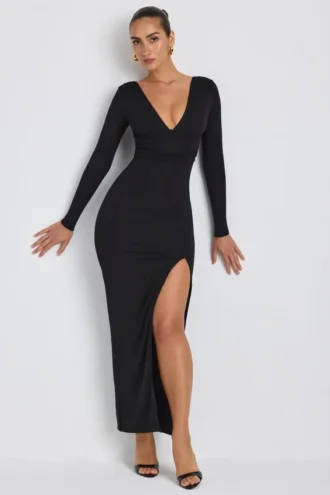 Vestito lungo con scollo profondo e maniche lunghe Marcela in Modal nero