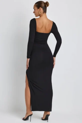 Vestito lungo con scollo profondo e maniche lunghe Marcela in Modal nero