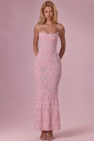Vestito lungo con scollo quadrato decorato Valora in rosa cipria