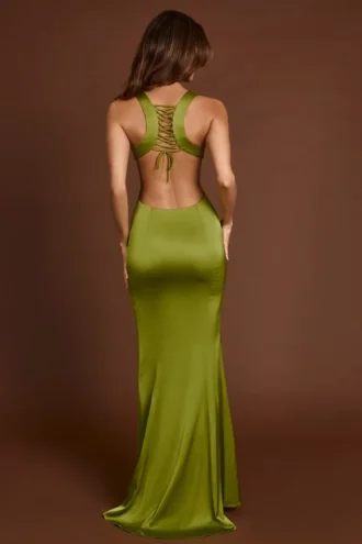 Vestito lungo con scollo rotondo e lacci sul retro Vittoria in verde oliva