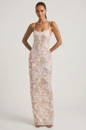 Vestito lungo con scollo rotondo e schiena scoperta Tavira, decorato, in avorio