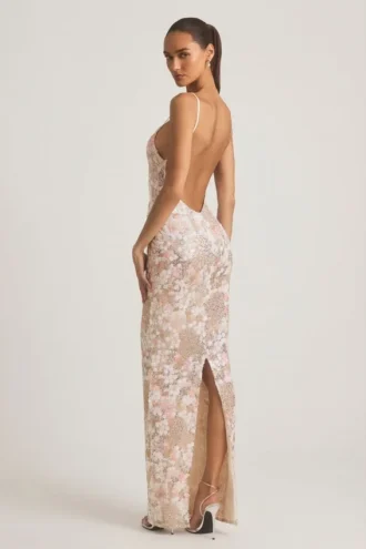 Vestito lungo con scollo rotondo e schiena scoperta Tavira, decorato, in avorio