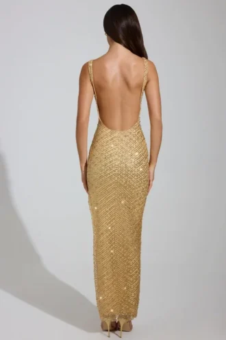 Vestito lungo con scollo rotondo e spacco sulla coscia Yarina decorato in oro
