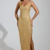 Vestito lungo con scollo rotondo e spacco sulla coscia Yarina decorato in oro Vestito lungo con scollo rotondo e spacco sulla coscia Yarina decorato in oro