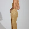 Vestito lungo con scollo rotondo e spacco sulla coscia Yarina decorato in oro Vestito lungo con scollo rotondo e spacco sulla coscia Yarina decorato in oro