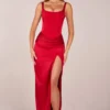 Vestito lungo con spacco fino alla coscia e corpetto a bustino Marleigh in rosso rosa Vestito lungo con spacco fino alla coscia e corpetto a bustino Marleigh in rosso rosa