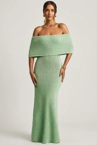 Vestito lungo con spalle scoperte in bouclé Naia in menta