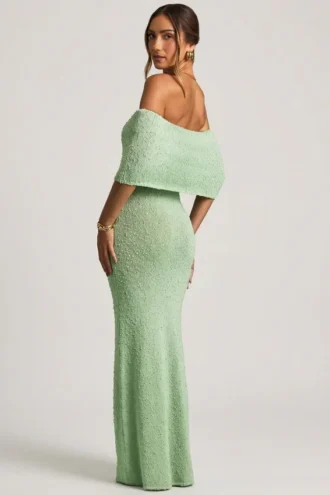 Vestito lungo con spalle scoperte in bouclé Naia in menta