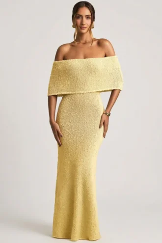 Vestito lungo con spalle scoperte Naia Bouclé in giallo