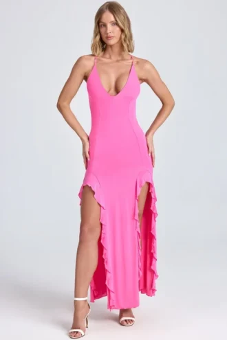 Vestito lungo con volant arricciati Coraline in rosa lollipop