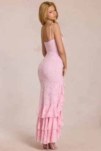 Vestito lungo con volant in pizzo Celira in rosa fiore