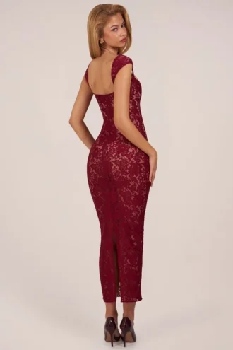 Vestito lungo Elisa con scollo a cuore in rosso ciliegia