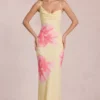 Vestito lungo in chiffon Fioren con stampa floreale gialla Vestito lungo in chiffon Fioren con stampa floreale gialla