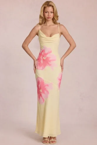 Vestito lungo in chiffon Fioren con stampa floreale gialla