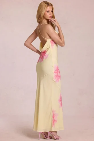 Vestito lungo in chiffon Fioren con stampa floreale gialla