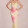 Vestito lungo in chiffon Fioren con stampa floreale gialla Vestito lungo in chiffon Fioren con stampa floreale gialla