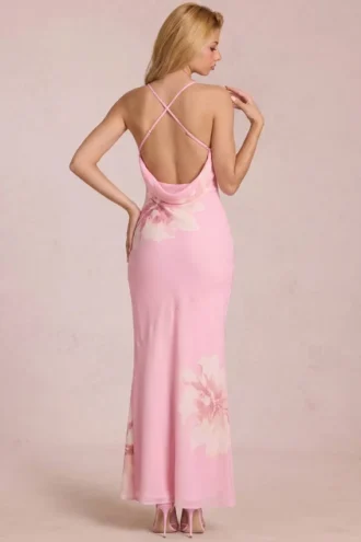 Vestito lungo in chiffon Fioren con stampa floreale rosa