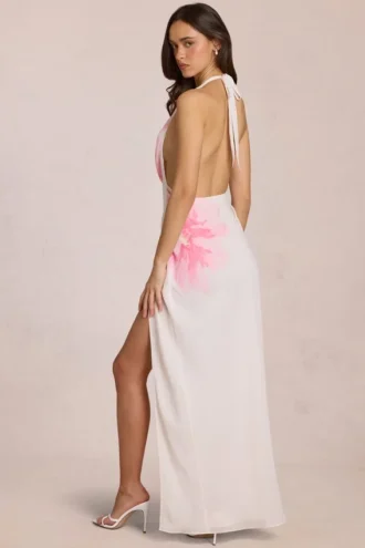 Vestito lungo in chiffon Solenne con stampa floreale bianca