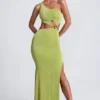 Vestito lungo monospalla con dettagli metallici Rosalia in verde oliva Vestito lungo monospalla con dettagli metallici Rosalia in verde oliva
