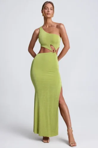 Vestito lungo monospalla con dettagli metallici Rosalia in verde oliva