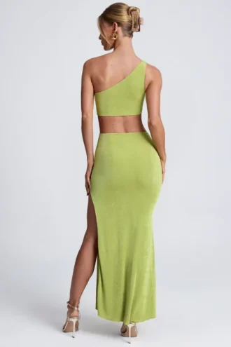 Vestito lungo monospalla con dettagli metallici Rosalia in verde oliva