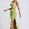 Vestito lungo monospalla con dettagli metallici Rosalia in verde oliva Vestito lungo monospalla con dettagli metallici Rosalia in verde oliva