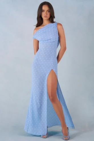 Vestito lungo monospalla Nivara con stampa a pois blu