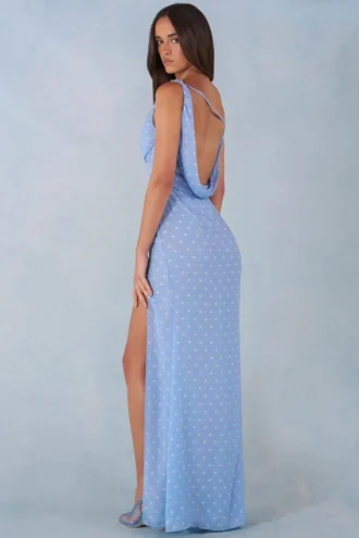Vestito lungo monospalla Nivara con stampa a pois blu