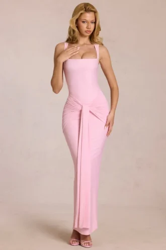 Vestito lungo Nayeli con scollo quadrato e arricciature in rosa fiorito