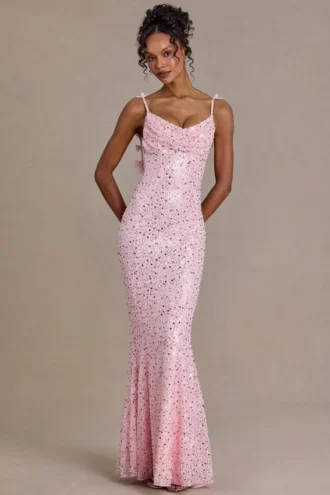 Vestito lungo premium Ariette con decorazioni e schiena scoperta in rosa confetto