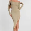Vestito lungo Roxana con maniche lunghe e spalle scoperte in misto modal e cashmere, color taupe Vestito lungo Roxana con maniche lunghe e spalle scoperte in misto modal e cashmere, color taupe