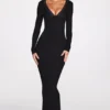 Vestito lungo scollato a V in modal a coste Noa, nero Vestito lungo scollato a V in modal a coste Noa, nero