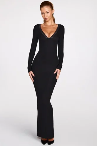 Vestito lungo scollato a V in modal a coste Noa, nero