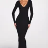 Vestito lungo scollato a V in modal a coste Noa, nero Vestito lungo scollato a V in modal a coste Noa, nero