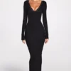 Vestito lungo scollato a V in modal a coste Noa, nero Vestito lungo scollato a V in modal a coste Noa, nero