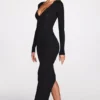 Vestito lungo scollato a V in modal a coste Noa, nero Vestito lungo scollato a V in modal a coste Noa, nero