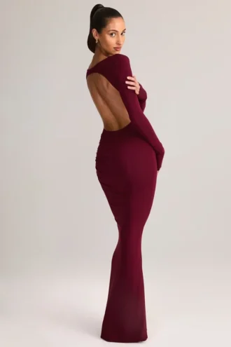 Vestito lungo senza schienale con ruches in modal Regine, color vino
