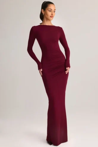 Vestito lungo senza schienale con ruches in modal Regine, color vino