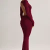 Vestito lungo senza schienale con ruches in modal Regine, color vino Vestito lungo senza schienale con ruches in modal Regine, color vino