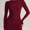 Vestito lungo senza schienale con ruches in modal Regine, color vino Vestito lungo senza schienale con ruches in modal Regine, color vino