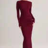 Vestito lungo senza schienale con ruches in modal Regine, color vino Vestito lungo senza schienale con ruches in modal Regine, color vino