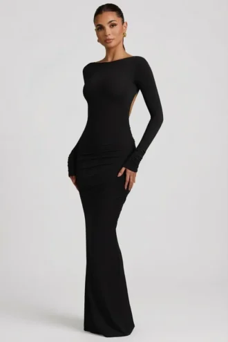 Vestito lungo senza schienale con ruches in modal Regine, nero
