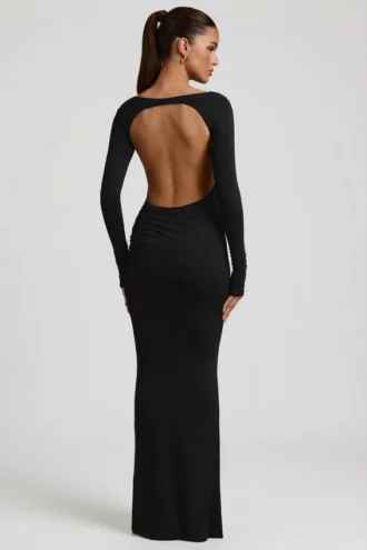 Vestito lungo senza schienale con ruches in modal Regine, nero